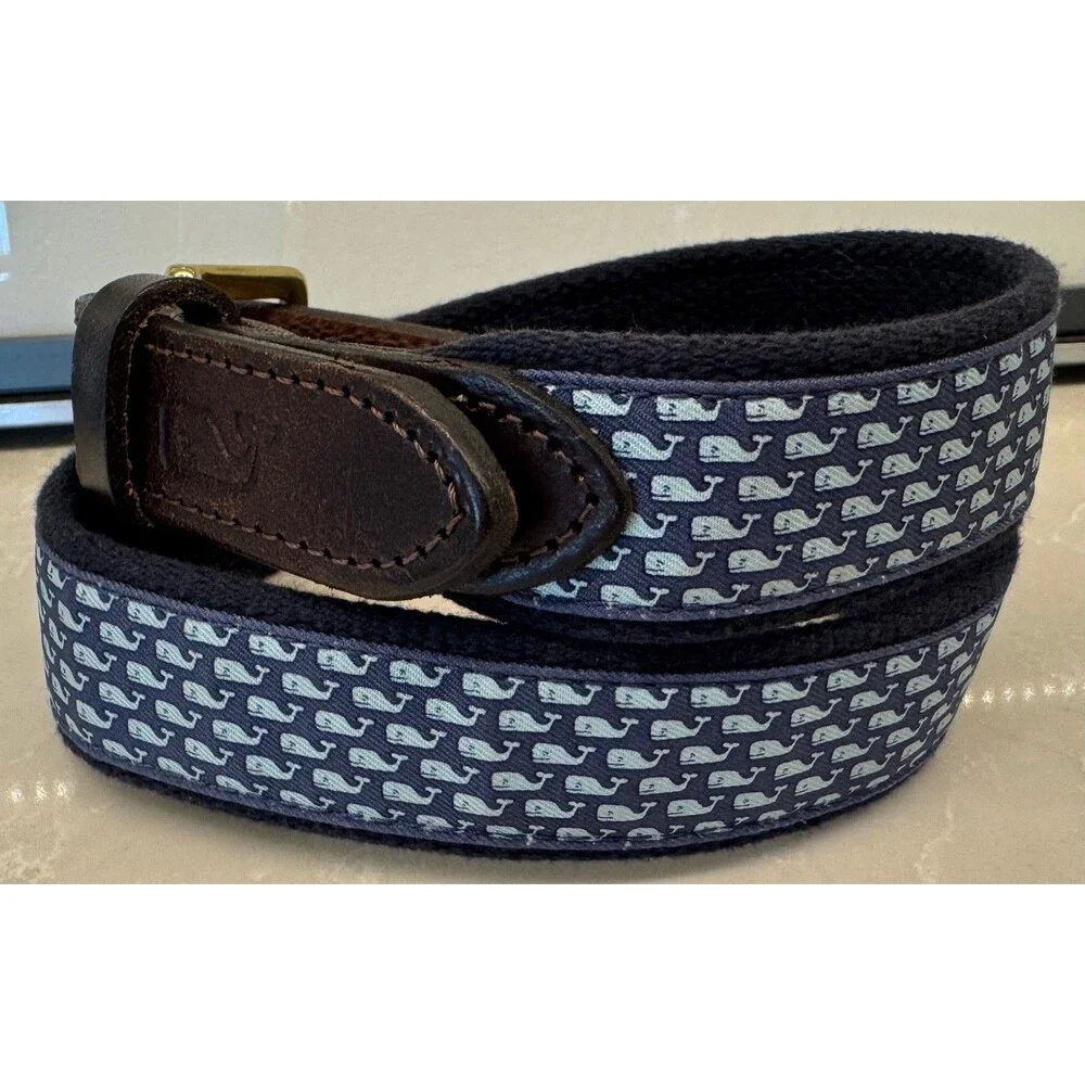 VINEYARD VINES - Blue Whales Brown Leather Canvas Belt - Size 26